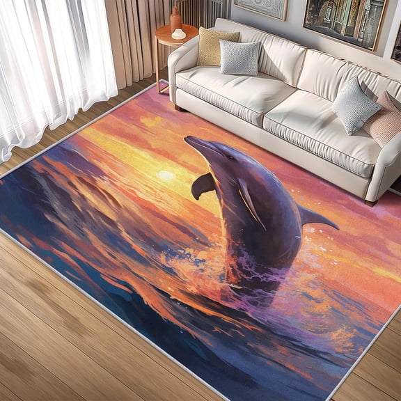 Dolphin Ocean Area Rugs, Nautical Sunset Sea Carpet, Washable Non Slip Low Pile Soft Rug for Bedroom Living Room Decor Mat 2x3ft