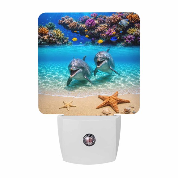 Dolphin Ocean Beach LED Night Light, Tropical Coral Reef Fish Starfish Blue Night Lights plug into Wall with Smart Sensor Dusk to Dawn Sensor for Nursery Bedroom 2.95x4.5in