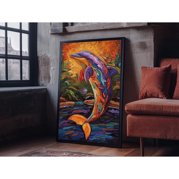 Dolphin Ocean Colorful Tropical Beach Wall Art Unframed Paper Print