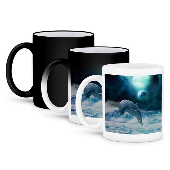 3dRose, Dolphin ocean fantasy space planet blue, 11oz Magic Transforming Mug