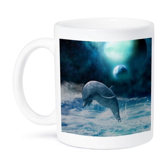 3dRose, Dolphin ocean fantasy space planet blue, 15oz Mug