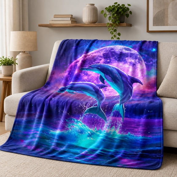 Dolphin Ocean Fleece Blanket, 280 GSM Polyester Throw, Blue Purple Wave Print