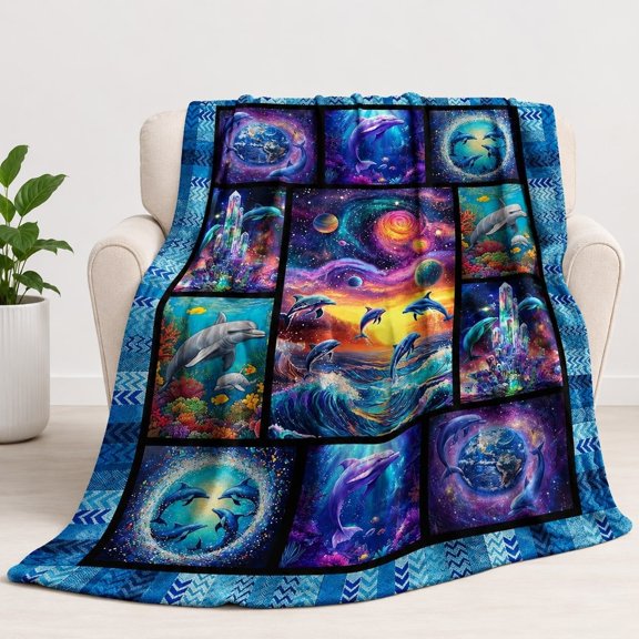 Dolphin Ocean Galaxy Fleece Blanket, Polyester Throw for Sofa or Home Decor