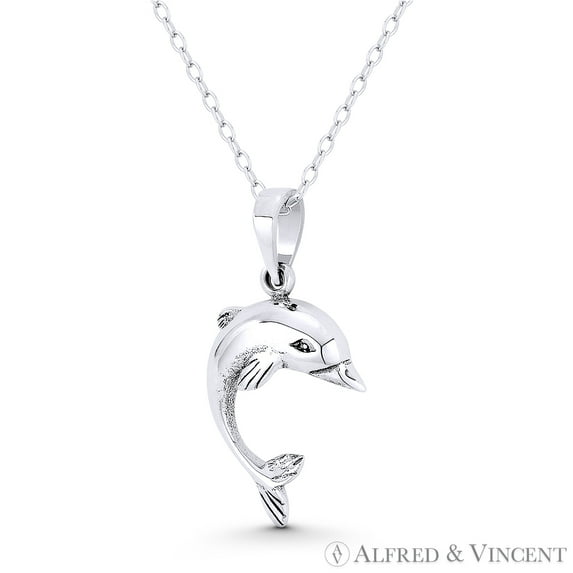 Dolphin Ocean Sealife Charm 26x14mm (1x0.6in) Pendant & Chain Necklace in Oxidized .925 Sterling Silver