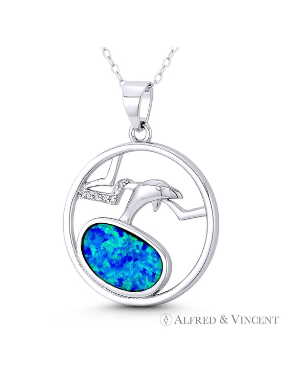 Dolphin Ocean Sealife Charm Created Opal & CZ Crystal 32x23mm (1.3x0.9in) Pendant in .925 Sterling Silver w/ Rhodium