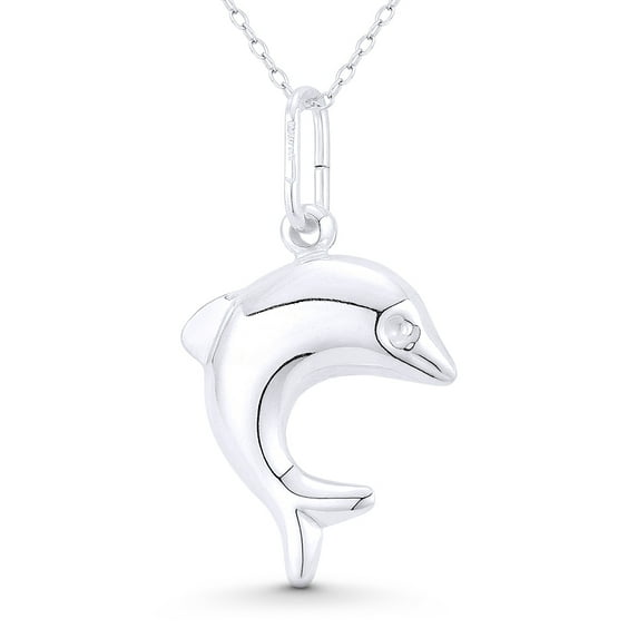 Dolphin Ocean Sealife Charm Hollow 3D Reversible 39x21mm (1.5x0.8in) Pendant & Chain Necklace in .925 Sterling Silver