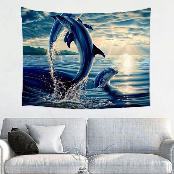 Dolphin & Ocean Wave Design Tapestry,Home Tapestry Suitable for Hanging for Decorative Wall Hanging, Decorative Bedroom, Living Room Decoration - 40x30in