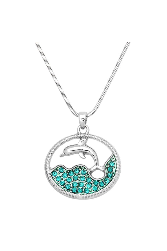 Dolphin Ocean Wave Pendant Necklace Blue Zircon Rhinestone Crystal Rhodium Plated 17 Inch Snake Chain J0296