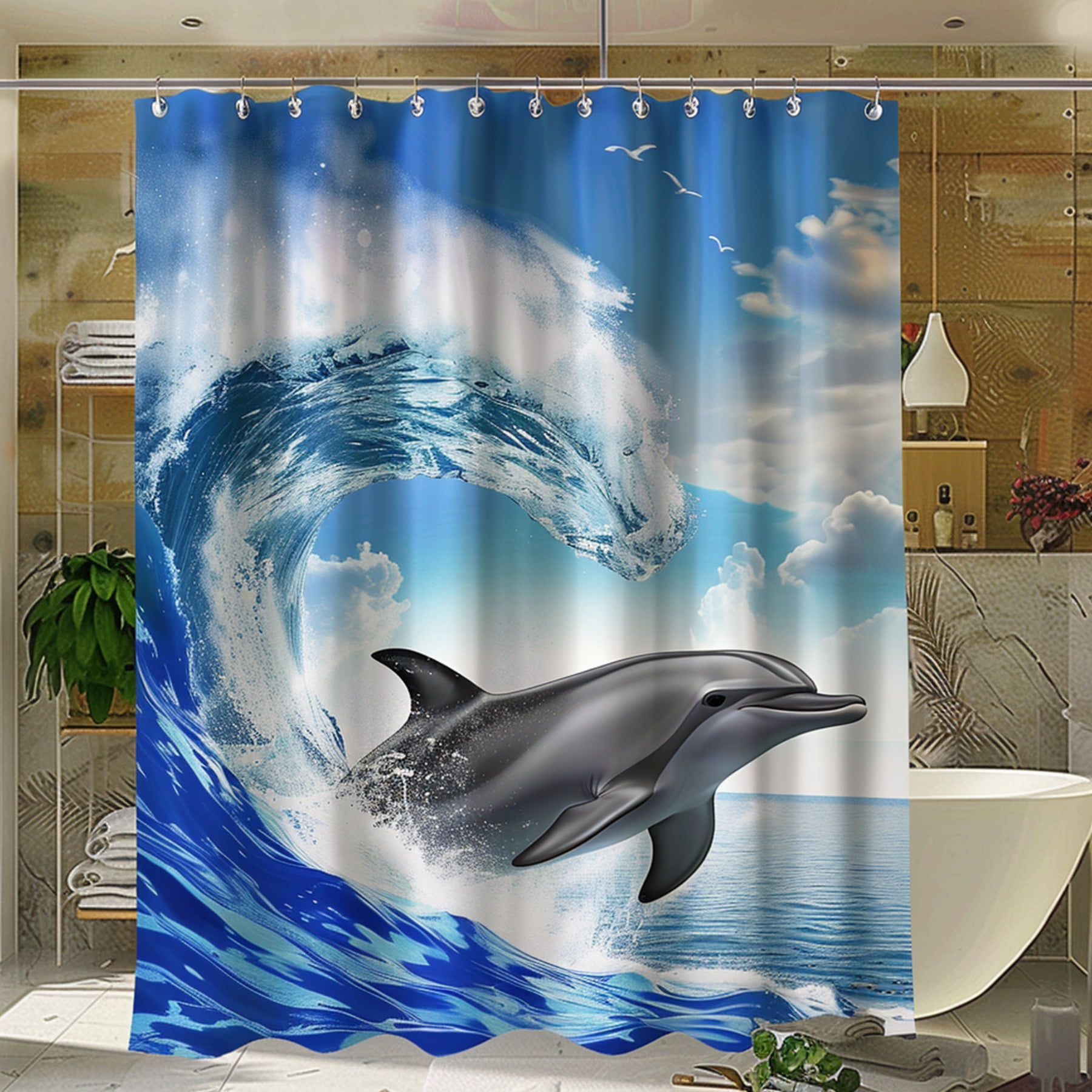Dolphin Ocean Wave Shower Curtain Hyper Realistic Blue Sea Bathroom