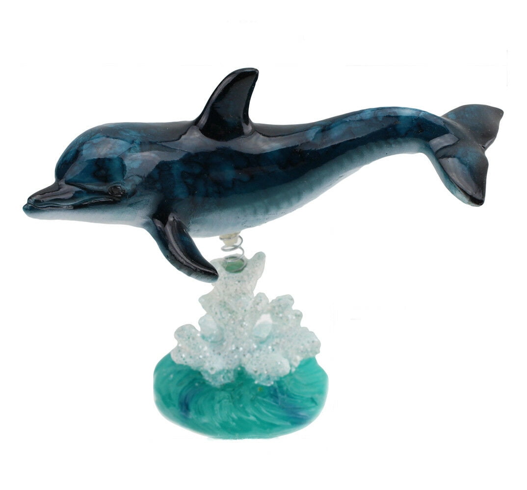 Dolphin On Glazed White Blue Coral Base Statue ~ Wiggles Jiggles Decor G16622