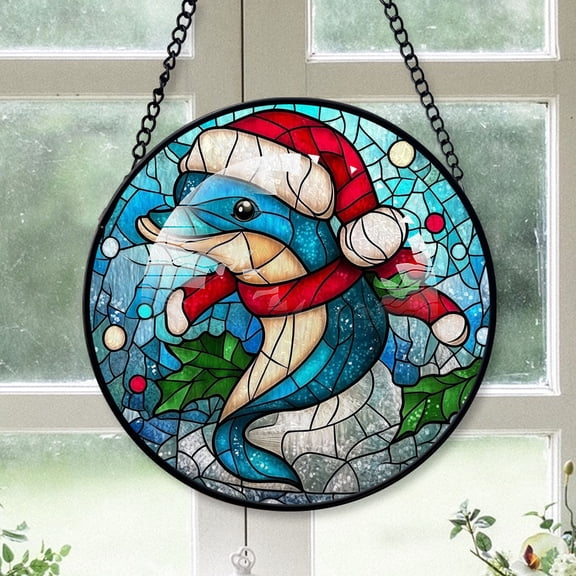 Dolphin Ornament Christmas 2025, Dolphin Stained Glass Window Hanging – Artistic and Colorful Glass Piece, Perfect Holiday Gift Idea