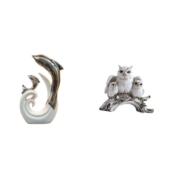 Dolphin Owl Figurine Silver White Ceramic Resin Animal Statue Modern Decor Accent for Tabletop Cabinet Office Shelf