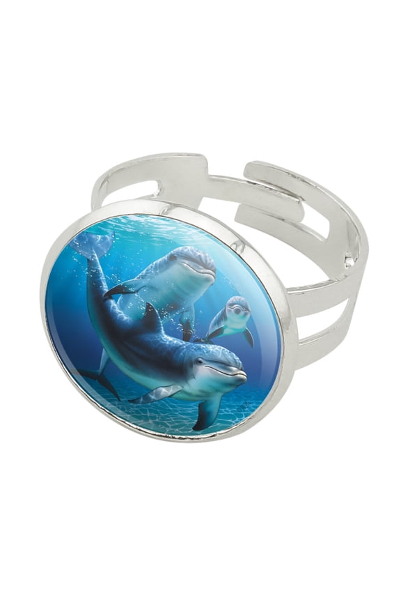 Dolphin Pals Ocean Diving Silver Plated Adjustable Novelty Ring