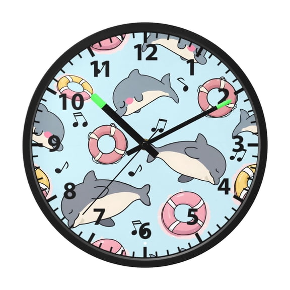 Dolphin Pattern Wall Clock 12 Inch Voice Activated Night Light Silent Non Ticking