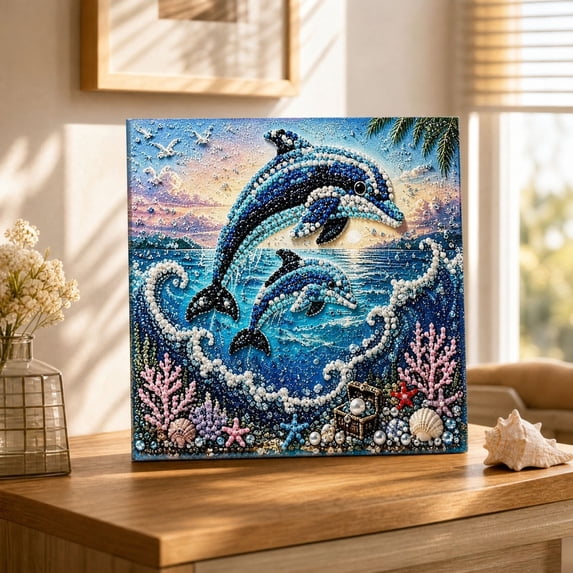 Dolphin Pearl Diamond Art Kit, Ocean Animal Diamond Painting with Pearl Rhinestones, 11.8 in DIY Home Decor Craft for Adults