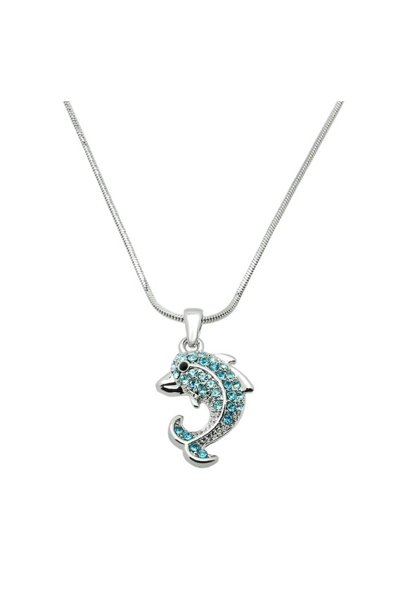 Dolphin Pendant Necklace Aqua Color Rhinestone Crystal Rhodium Plated 17 Inch Snake Chain J0081-AQ