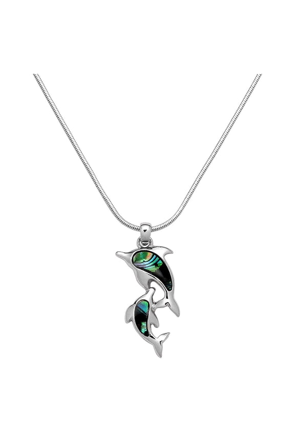 Dolphin Pendant Necklace Green Abalone Shell Rhodium Plated 17 Inch Snake Chain J1114