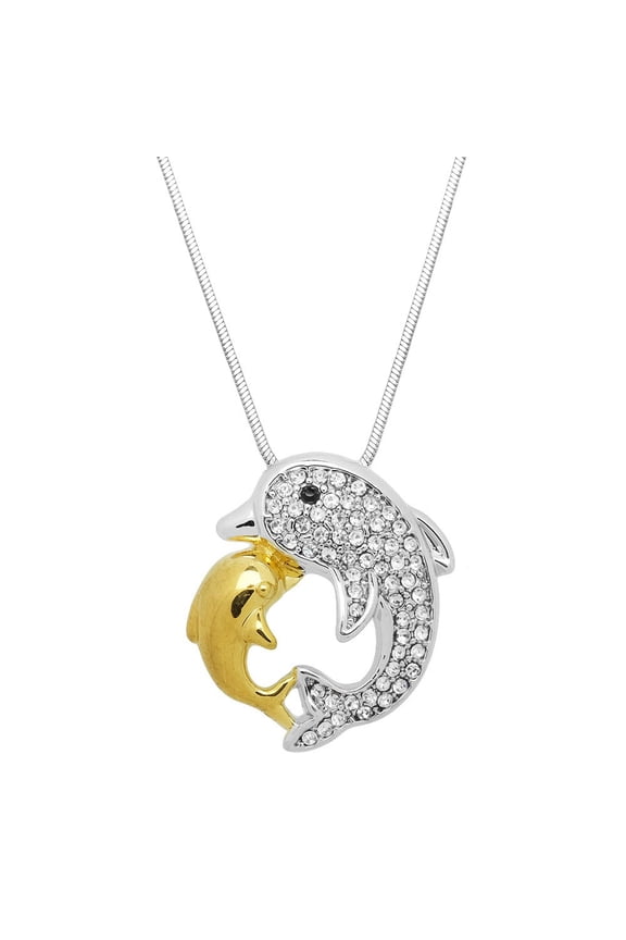 Dolphin Pendant Necklace Rhinestone Crystal Gold & Rhodium Plated 17 Inch Snake Chain J0675