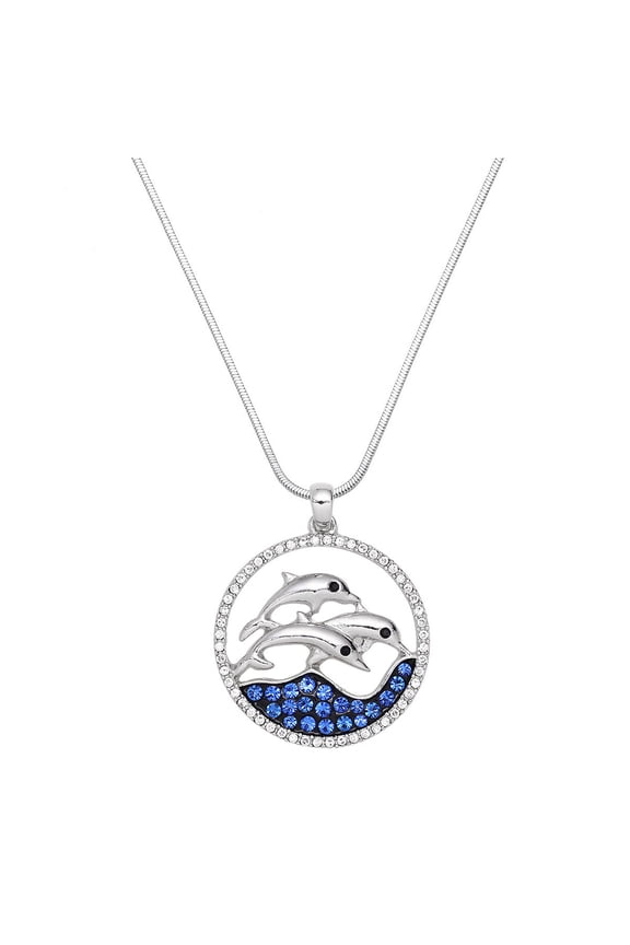 Dolphin Pendant Necklace Rhinestone Crystal Rhodium Plated 17 Inch Snake Chain J1052