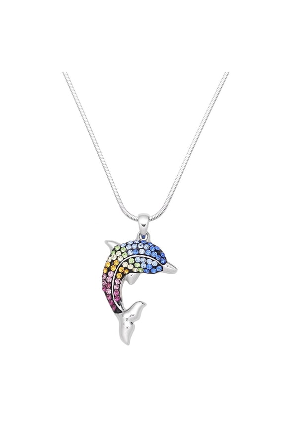Dolphin Pendant Necklace Rhinestone Crystal Rhodium Plated 17 Inch Snake Chain J1065