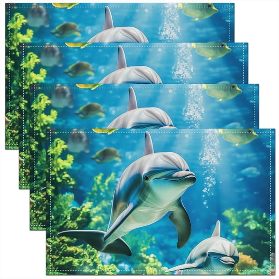 Dolphin Placemats Set of 4 Kawaii Ocean Animal Table Place Mats Ocean Marine Sea Creatures Theme Placemat for Kitchen Dining Table 18"x12" Underwater World Indoor Outdoor Decor Table Mats