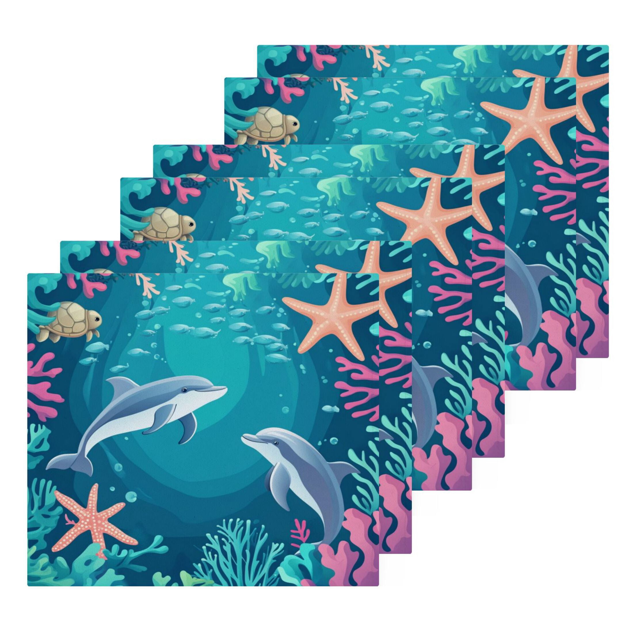 Dolphin Playful Picture 100% Cotton Face Towel 12x12in Soft Absorbent Washcloth Durable Printed Hand Towels for Bathroom Travel 6 Pcs