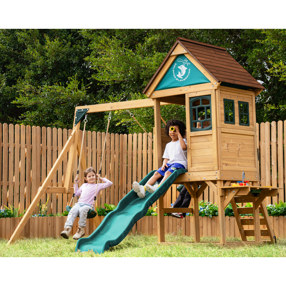 Dolphin Playground 5-Child Wooden Swing Set - Heavy-Duty Backyard Playset with Slide, Water Play Station, Toddler Swing & Sandbox Space for Kids 3-10, Easy Assembly