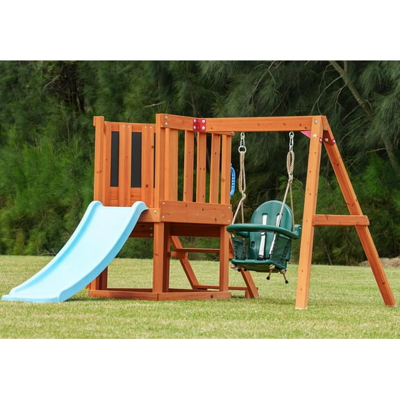 Dolphin Playground 5-in-1 Cedar Wood Toddler Swing Set with Slide, Climbing Wall, Chalkboard & Activity Table Ages 18 Months to 4 Years (85"x 78"x 45.67")