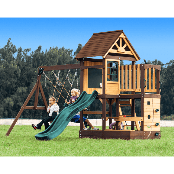 Dolphin Playground Cedar Wooden Swing Set for Backyard, Kids Outdoor Playset with Sandbox, Wave Slide, Climbing Wall, Glider & 2 Belt Swings, Outdoor Table, Ages 3-10, Max Weight 440 LBS