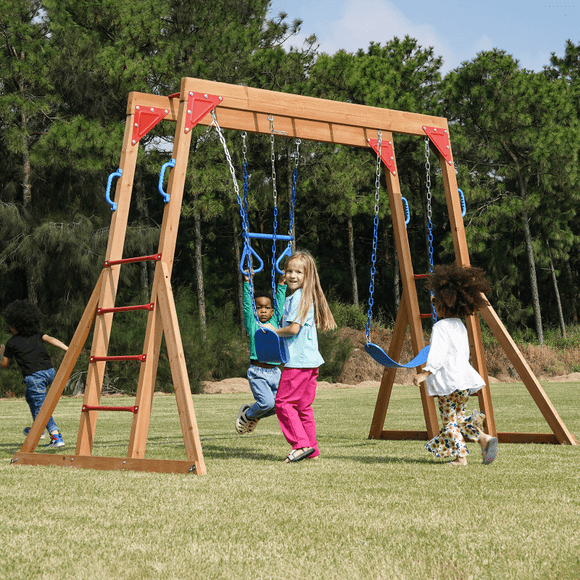 Dolphin Playground Cedar Wood Swing Set with Monkey Bars, Trapeze & 2 Belt Swings | Heavy-Duty Outdoor Backyard Playset for Kids | 440 lbs Capacity