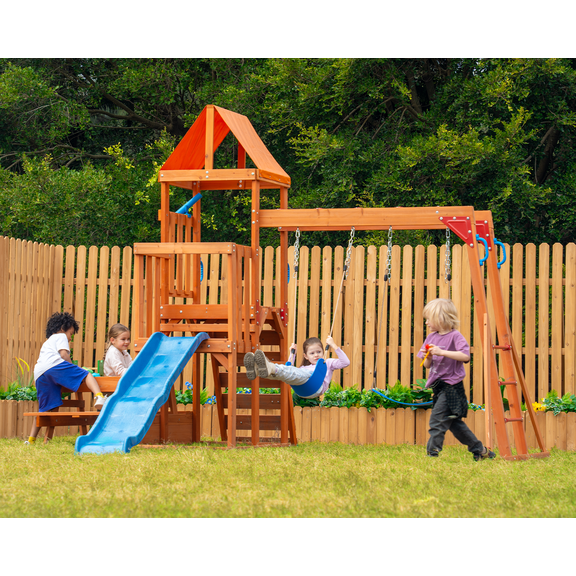 Dolphin Playground Cedar Wooden Swing Set with 2-in-1 Table, 6FT Wave Slide, Monkey Bars & Climbing Wall