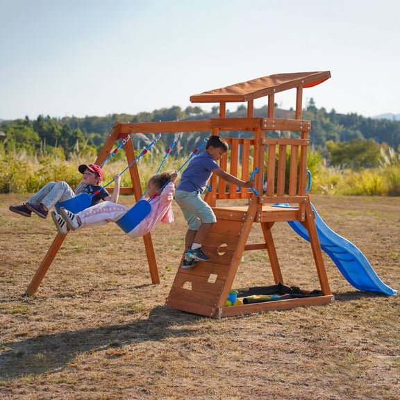Dolphin Playground Wooden Swing Set for Backyard, All-Weather Cedar Wood Outdoor Playset with 6ft Slide, 2 Belt Swings, Sandbox, Climbing Wall and Canopy, Heavy Duty Kids Activity Center for Ages 2-6