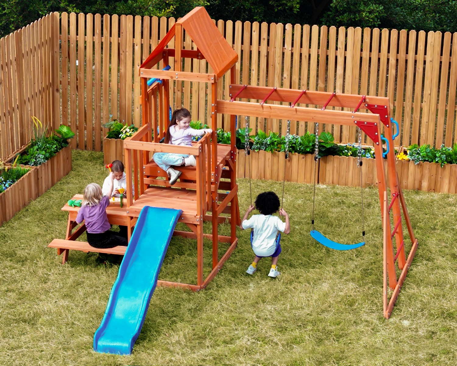 Dolphin Playground Heavy-Duty Cedar Wooden Backyard Swing Set with