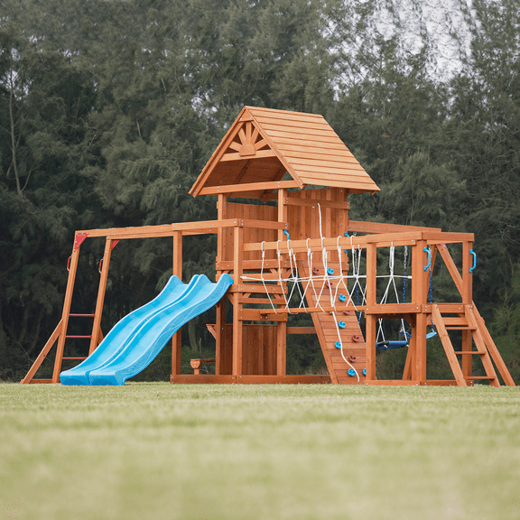 Dolphin Playground Wooden Swing Set for Backyard, 13-in-1 Outdoor Playset with 2 Wave Slides, Monkey Bar, Climbing Wall, Saucer Swing & Belt Swings, Heavy-Duty Cedar Playground Equipment for Kids Ag