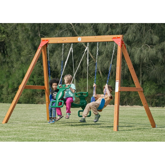 Dolphin Playground Wooden Swing Sets for Backyard, 2 Person Glider and 2 Belt Swings