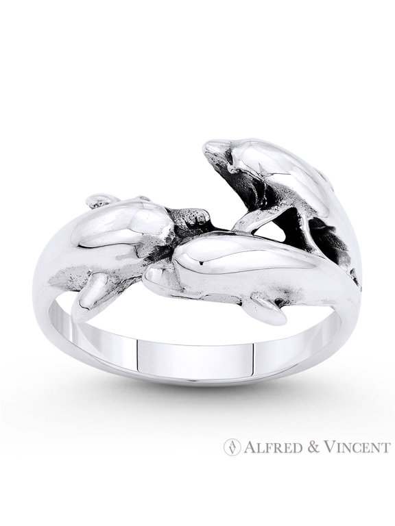 Dolphin Pod Animal Charm Stackable Right-Hand Ring in Oxidized .925 Sterling Silver
