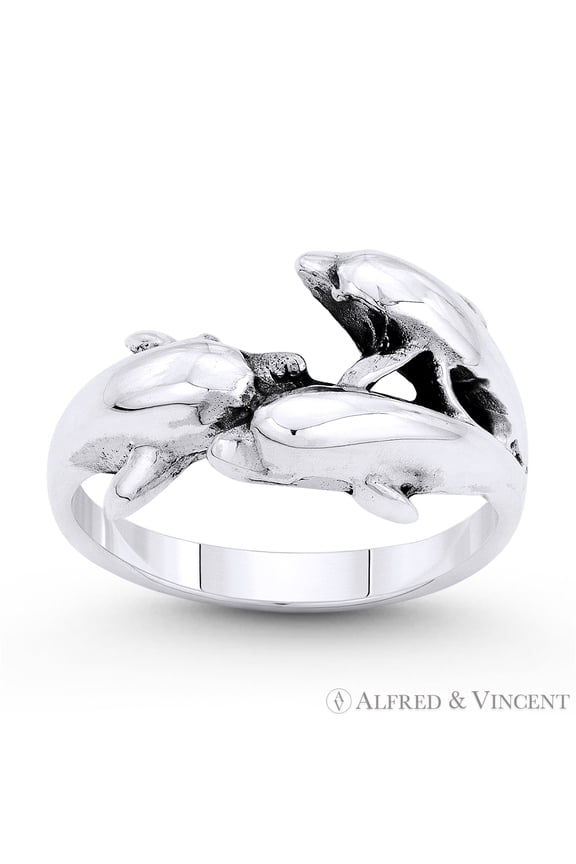 Dolphin Pod Animal Charm Stackable Right-Hand Ring in Oxidized .925 Sterling Silver