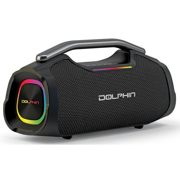 Dolphin Portable Bluetooth Party Speaker - 55W RMS, Deep Bass, RGB LED Lights, USB-C Rechargeable, WaveSync, AUX & USB Playback, 1/4" Mic Input for Karaoke, LX-440, 12.87" x 5.24" x 6.5", Black