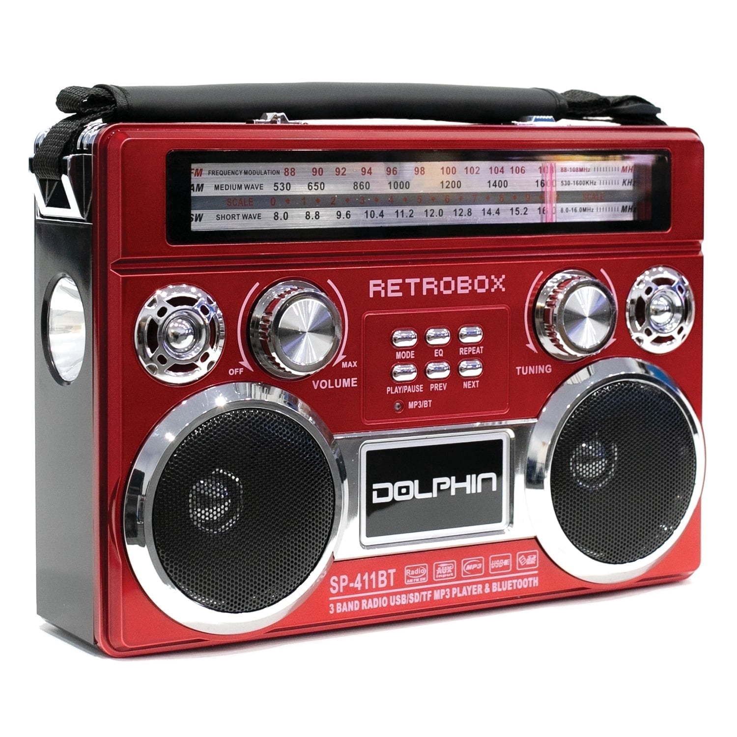 Dolphin SP-411BT Retro Bluetooth Radio with AM/FM/SW, Rechargeable Battery, USB, SD, AUX, Telescoping Antenna, Leather Handle – Portable Speaker with Vintage Design, Red