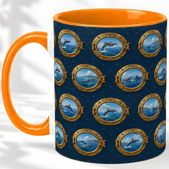 Dolphin Porthole Accent Mug, 11oz Ceramic Coffee Cup for Ocean Fans