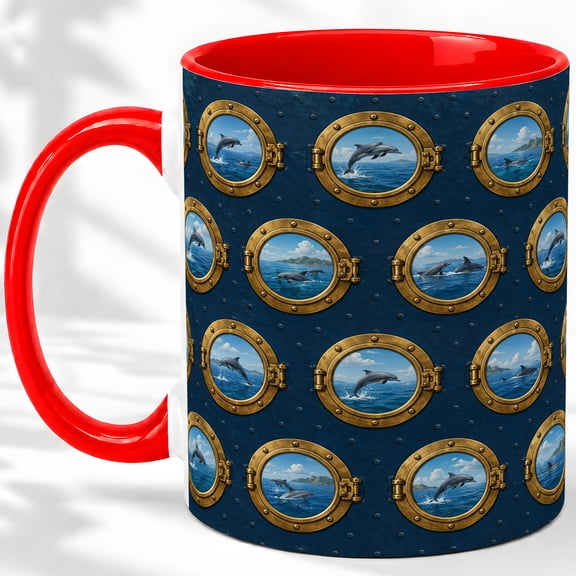 Dolphin Porthole Accent Mug, 11oz Ceramic Coffee Cup for Ocean Fans