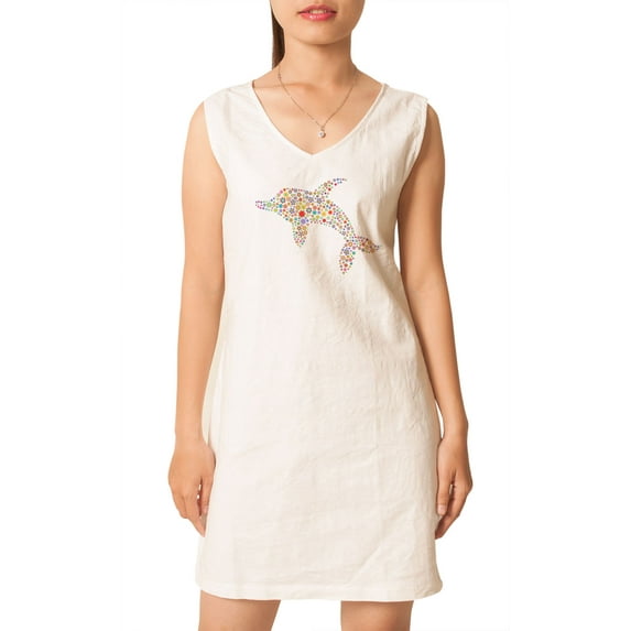 Dolphin Printed Vintage Cotton V-neck Linen Mini Shift Dress WDS_02 8