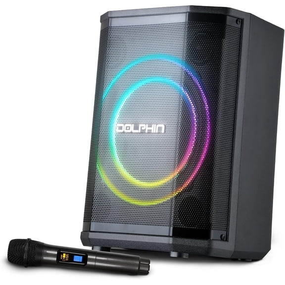 Dolphin SP-885RBT Rechargeable Portable Bluetooth Party Speakers, Tiltable, 3D LED Ring Light, TWS, Wireless Microphone, and Multiple Playback Options
