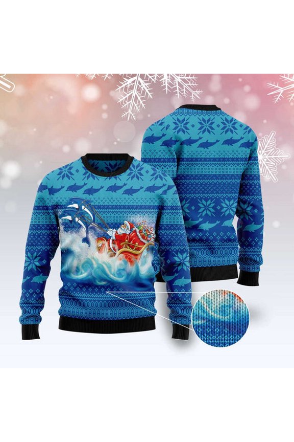Dolphin Riding The Waves With Santa Ugly Christmas Sweater, Funny Xmas Sweater, Sweater Xmas