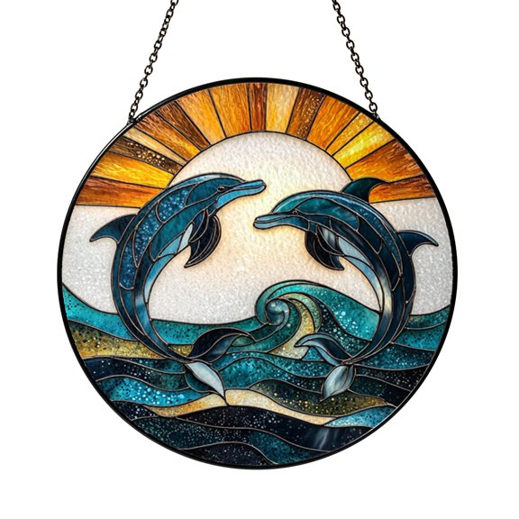 Dolphin Round Stained Glass Window Panel, Vibrant Sun and Ocean Design, Perfect Decorative Accent for Windows or Walls, Nature Inspired Gift