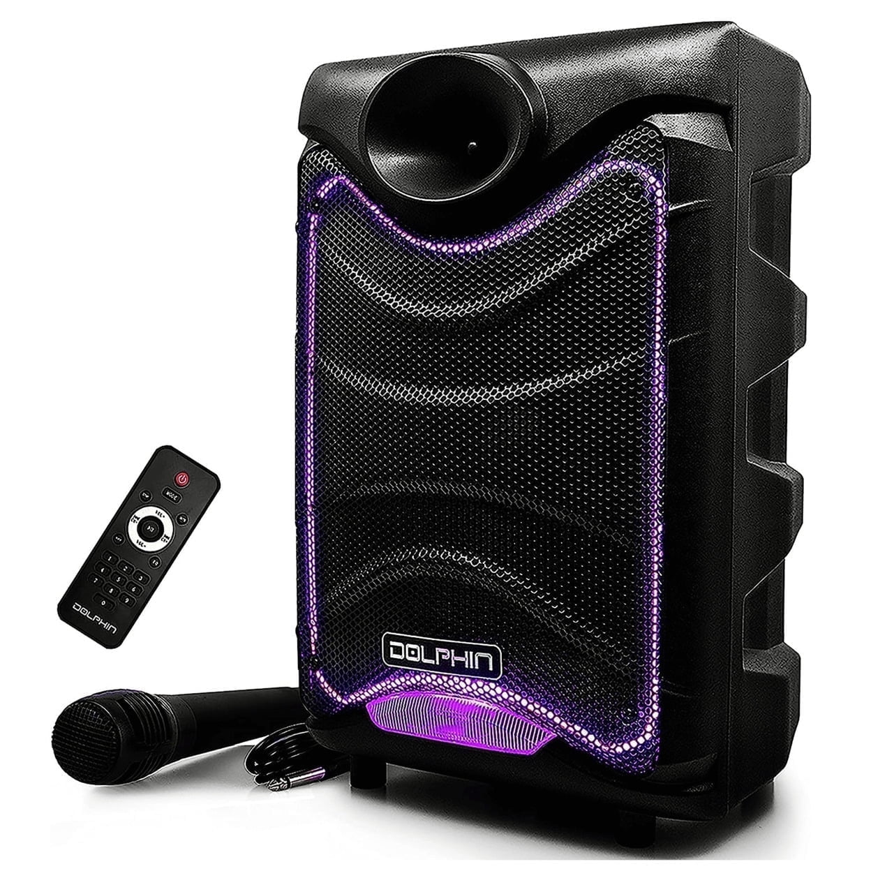 Dolphin SP-850RBT 8-in Portable Bluetooth Party Speaker with Mic, Lights, FM Radio, USB, Rechargeable Battery