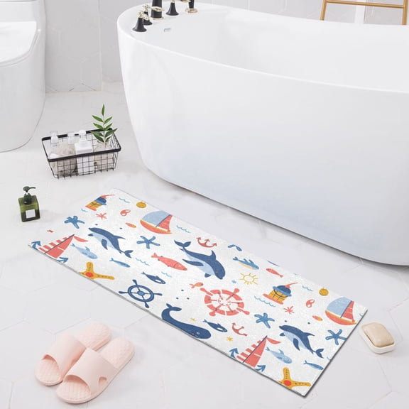 Dolphin Sailboat Starfish Fish Bath Mat 39x20 Non-Slip Bathroom Rugs Absorbent Soft Plush Quick Dry for Tub Shower Kitchen Home Decor