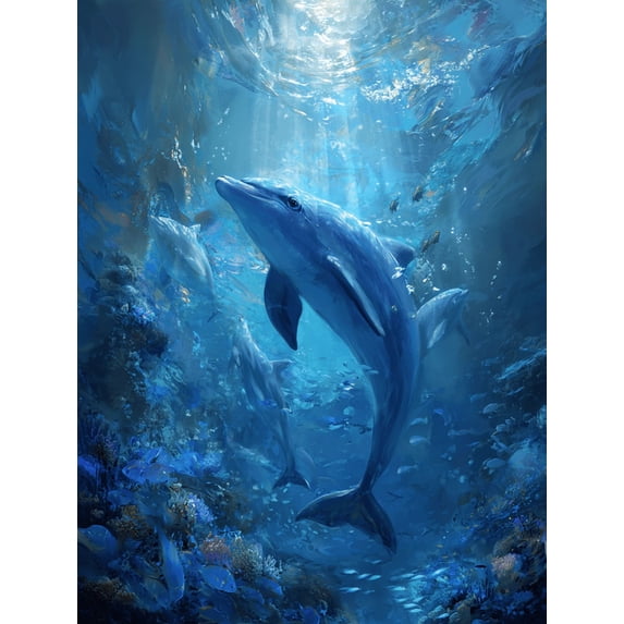Dolphin School Underwater Scene Canvas Print, Wall Art for Living Room Bedroom Office Hotel Dining Room
