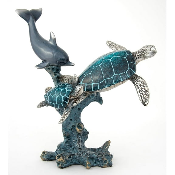 Dolphin Sea Turtles Statue Swimming on a Coral Reef Base Sea Coral Decor for Home Tabletop Collection (2 Sea Turtles)