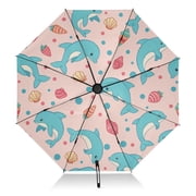 Dolphin Seashell Conch Pattern Umbrella Folding Sun Umbrella Travel Auto Open Close Large UV50+ 40in